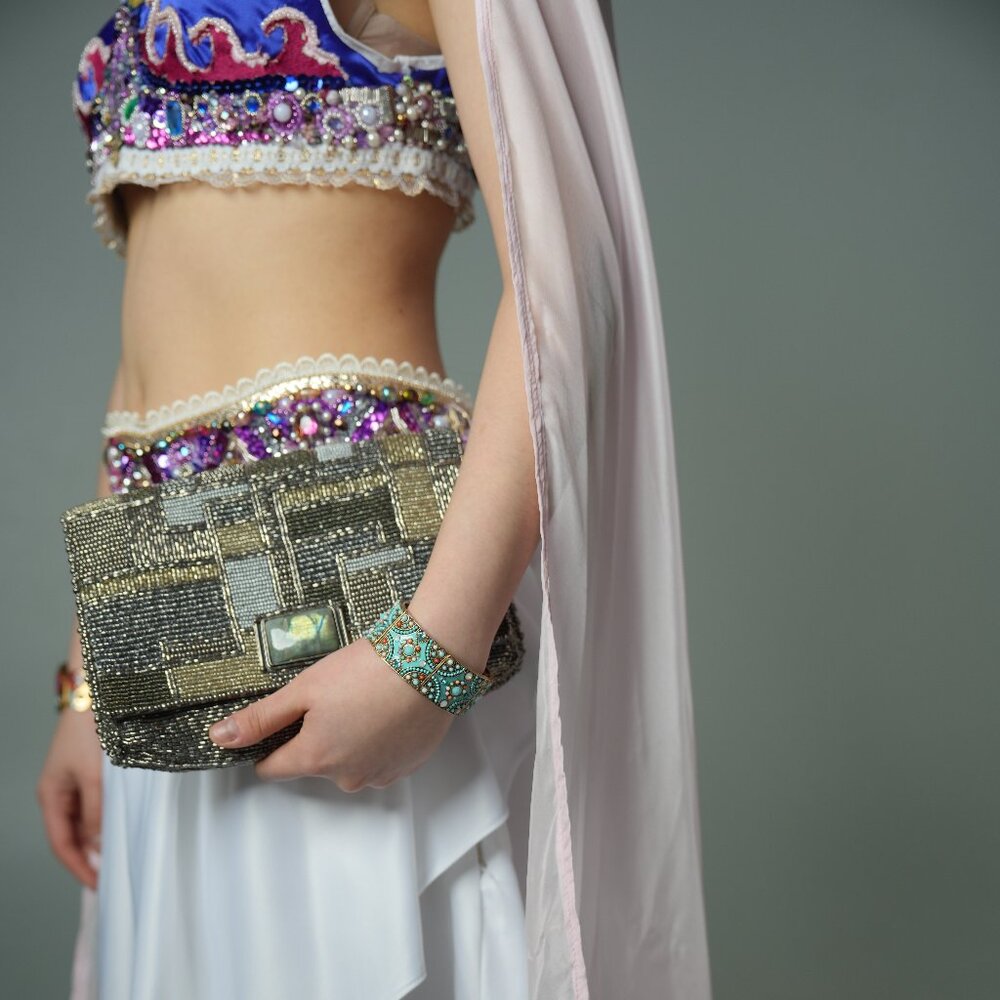 Mary Frances Labradorite Metallic Beaded Crossbody Clutch